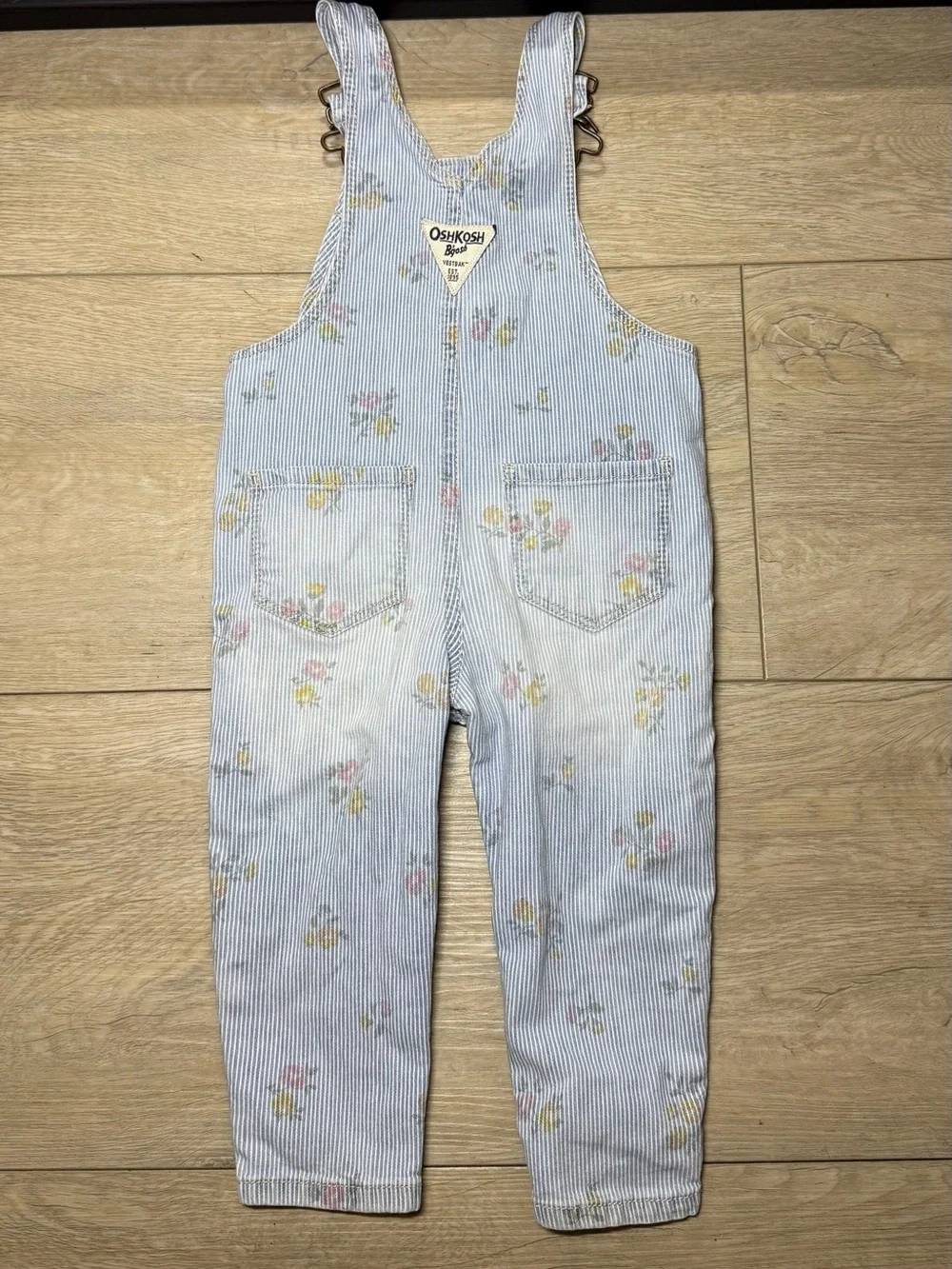 Y2K 2000s Toddlers Oshkosh B’Gosh Floral All Over Print Striped Overalls Romper
